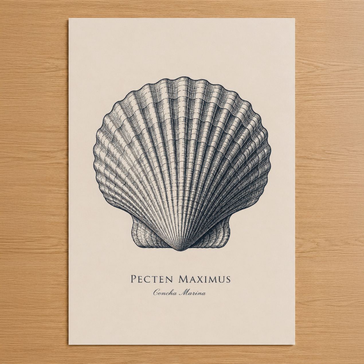 Pecten Maximus kabuklu deniz hayvanının klasik gravür stilinde çizilmiş duvar tablosu, krem renkli zemin üzerine.