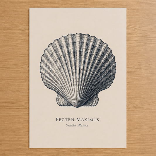 Pecten Maximus kabuklu deniz hayvanının klasik gravür stilinde çizilmiş duvar tablosu, krem renkli zemin üzerine.