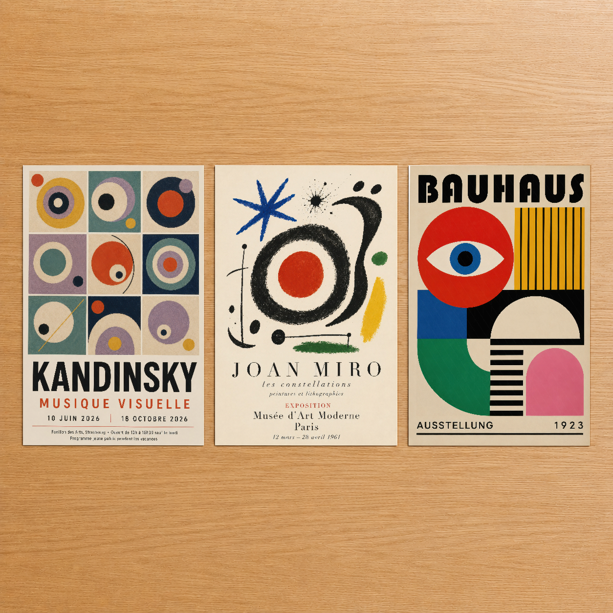 Kandinsky, Joan Miró ve Bauhaus klasik sanat afişlerinden oluşan üç parçalı retro tablo seti.