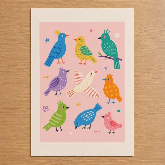 Pastel pembe zemin üzerinde renkli kuşlar ve dekoratif elemanlara sahip neşeli çocuk odası posteri.