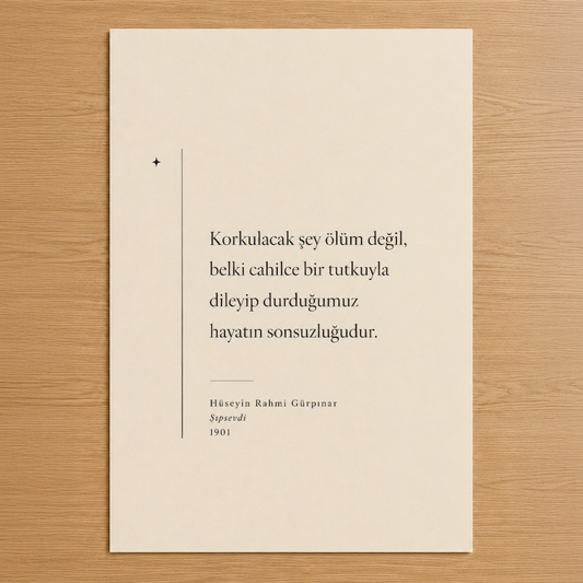 Hüseyin Rahmi Gürpınar'ın 1901 tarihli eserinden ilham alan, minimalist tasarımlı poster baskı, krem rengi zemin üzerine