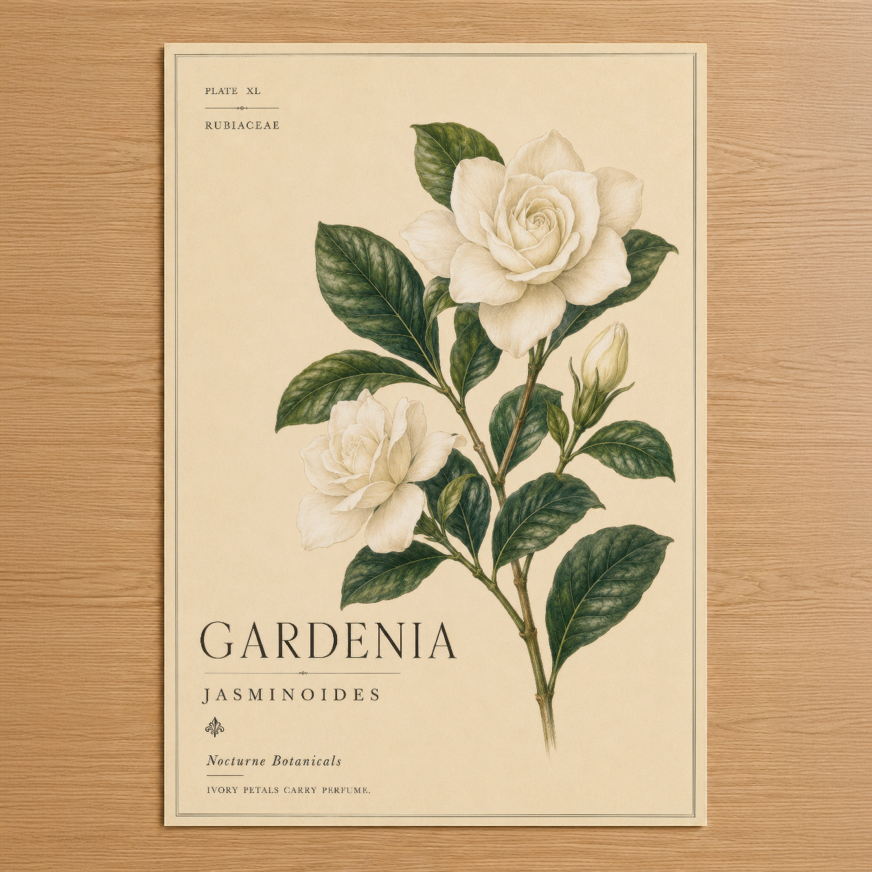 Gardenia Jasminoides botanik tablosu, vintage tarzı beyaz çiçekler ve yapraklar içeren sanat baskısı.