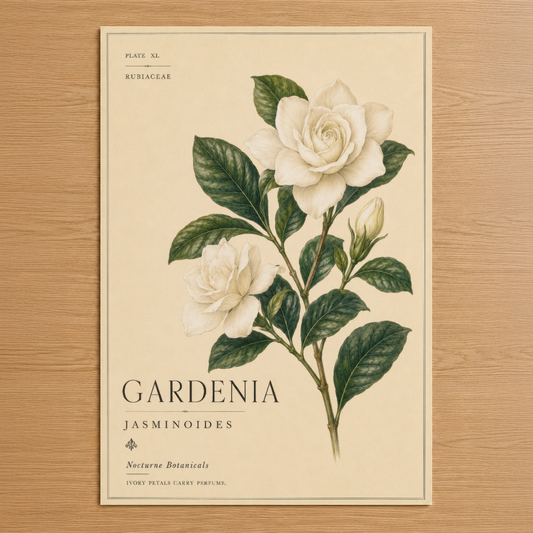 Gardenia Jasminoides botanik tablosu, vintage tarzı beyaz çiçekler ve yapraklar içeren sanat baskısı.