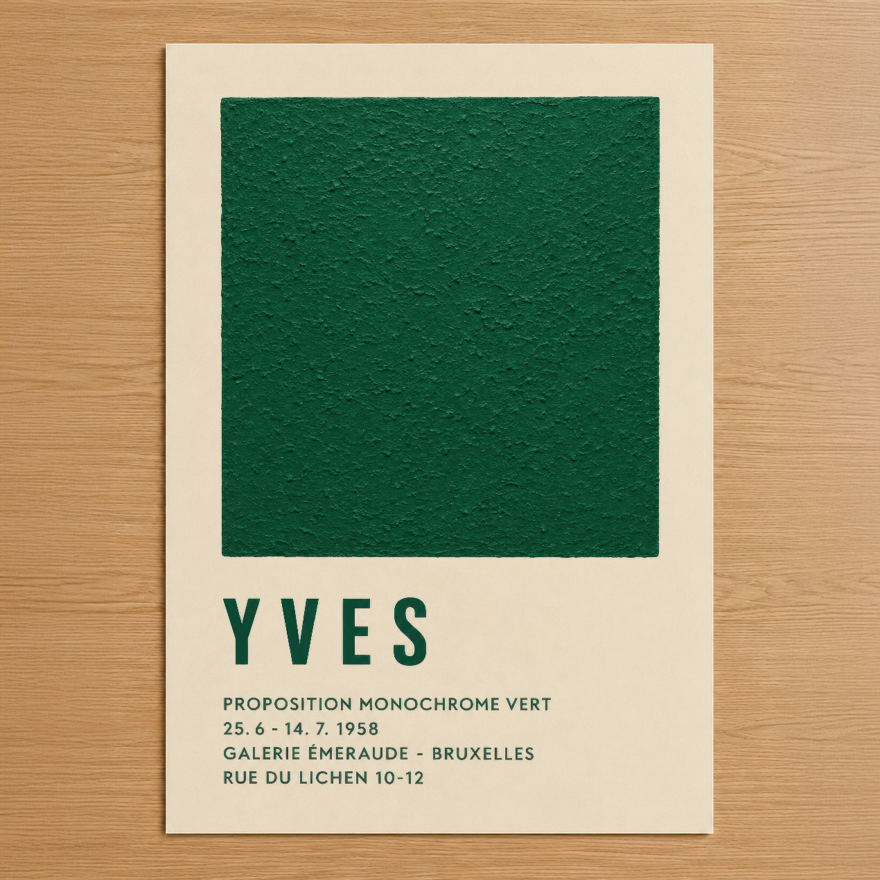1958 Paris sergisi afişi tarzında, koyu yeşil monokrom kare ve retro tipografiyle tasarlanmış minimal sanat tablosu.
