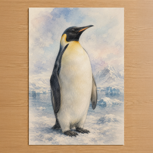 İmparator pengueni çizimi, buz ve karlı antartik manzarasında duran, siyah beyaz ve sarı renklerle hazırlanmış sanat eseri.