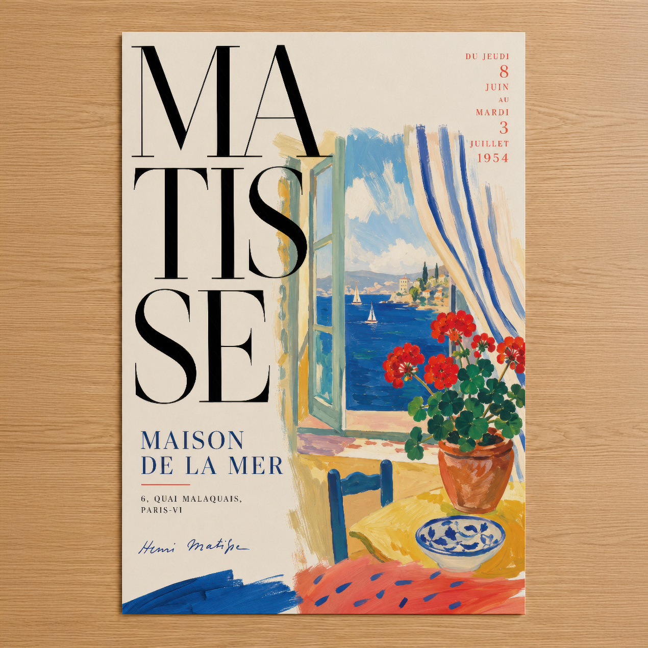 1954 Matisse sergisi afişi, açık pencereden deniz manzarası ve kırmızı çiçekli saksı ile Riviera ruhunu yansıtan vintage