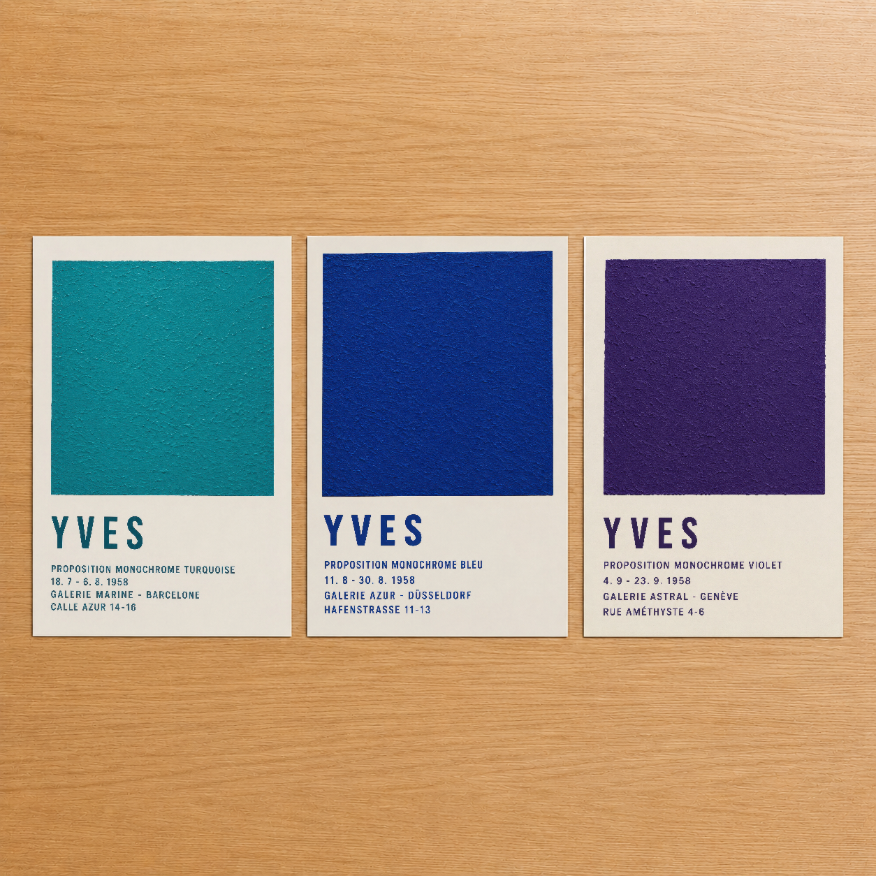Yves Klein'den esinlenen minimal üç parça poster seti, turkuaz, lacivert ve mor renklerde monokrom tasarım.