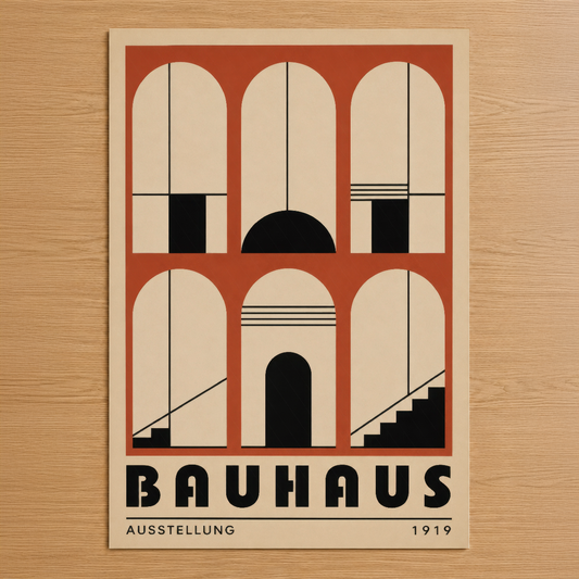Bauhaus 1919 Ausstellung posteri, geometrik mimari formlar ve terrakota tonları ile modernist tasarım klasiği.