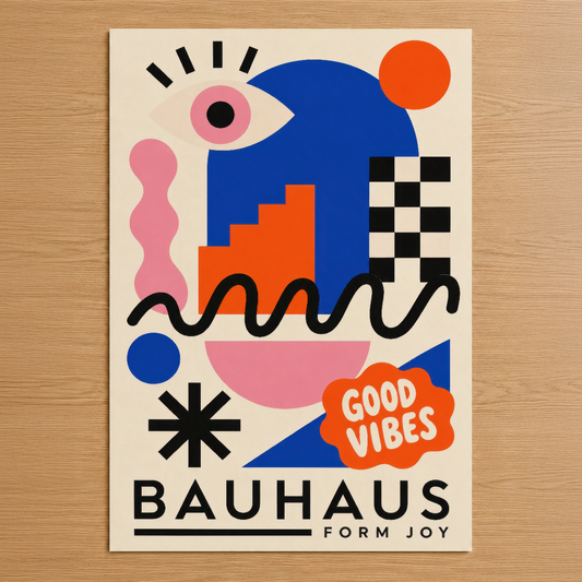 Bauhaus tarzında renkli soyut tasarım, pembe göz, mavi form ve turuncu detaylarla iyi enerji yayan poster.