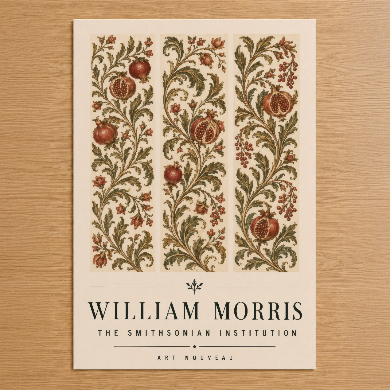 William Morris imzalı sanat nouveau tarzında, nar ve yapraklarla bezeli üç dikey panel motifli duvar tablosu.