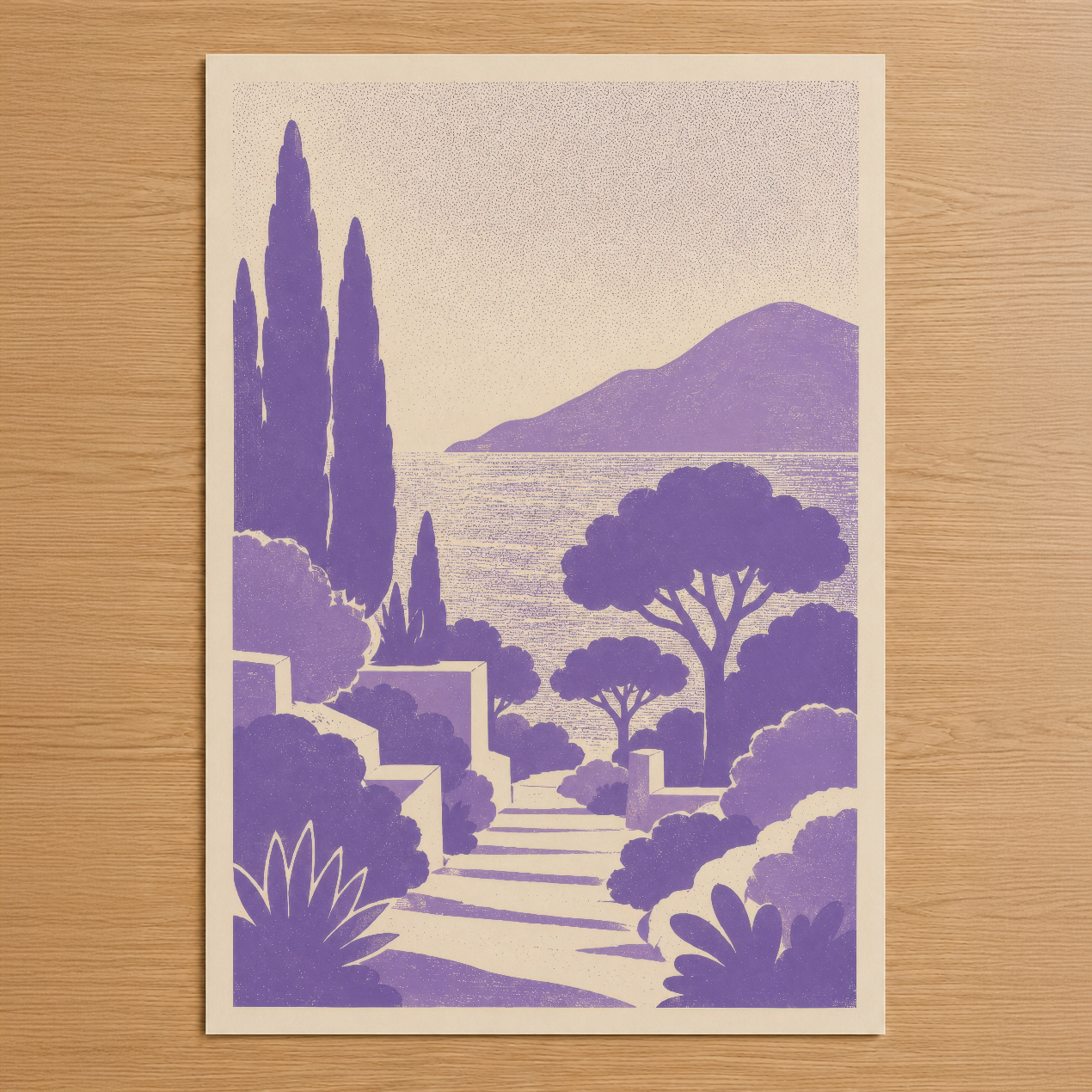Akdeniz bahçesi temalı sanat baskı, mor tonlarında sipress, ada manzarası ve nostaljik grafik tarzı.