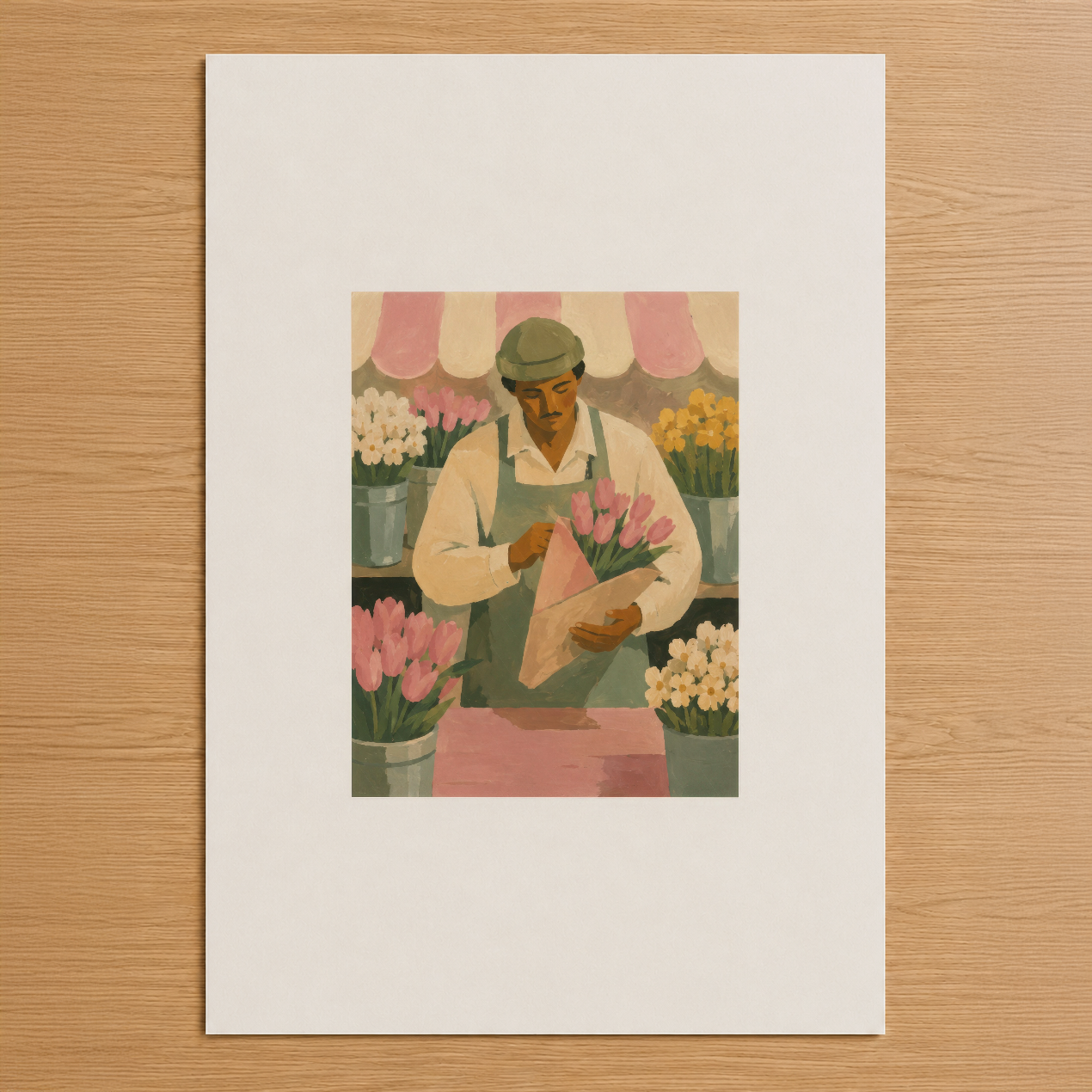 Çiçekçi figürü, pembe ve sarı çiçeklerle dolu bir vitrin tasarımı, retro sanat tarzında.