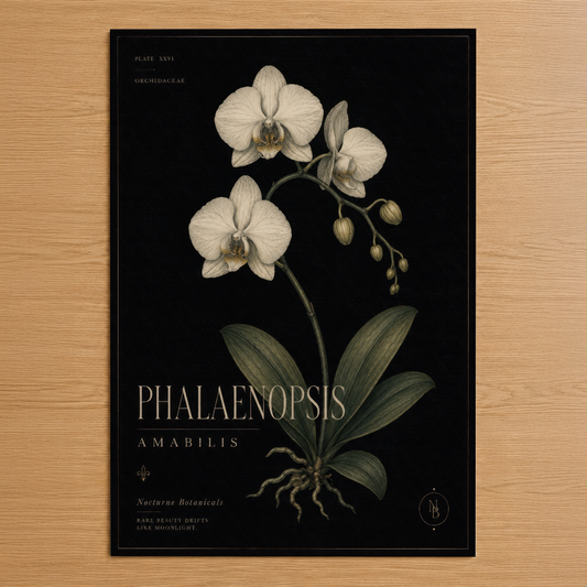 Botanik tarzı Phalaenopsis Amabilis orkide tablosu, siyah arka plan üzerinde zarif beyaz çiçekler ve detaylı yaprak tasarımı.