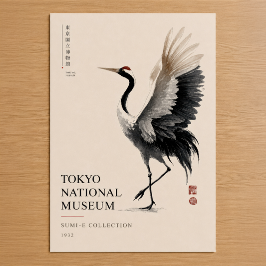 Zarif siyah turna figürü, Japon müze koleksiyonundan ilham alan minimalist tasarım, 1932 yılı Sumi-e sanat eseri.
