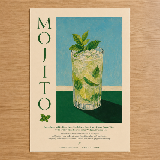Mojito kokteyli posterinin sanatsal tasarımı, mint yaprakları ve taze limon detaylarıyla klasik tarif çizgisiyle.