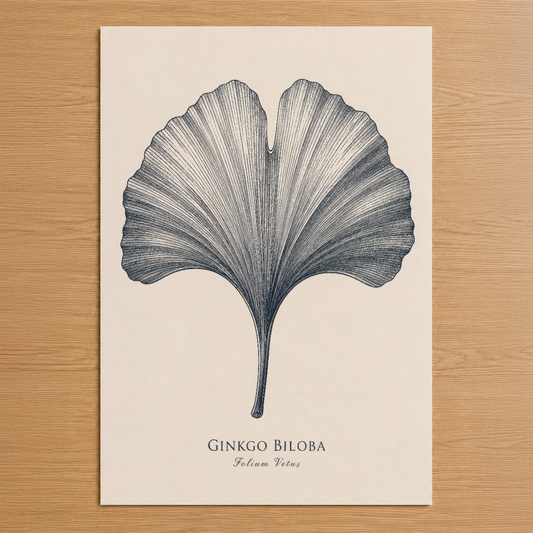 Ginkgo Biloba botanik tasarımlı siyah beyaz çizim poster, minimalist doğa sanatı.