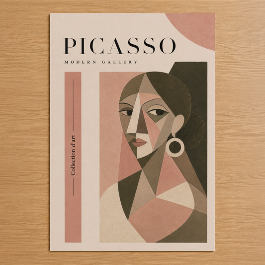 Picasso Modern Gallery tasarımı, geometrik yüz portresi, pembe, bej ve haki tonlarında soyut sanat tablosu