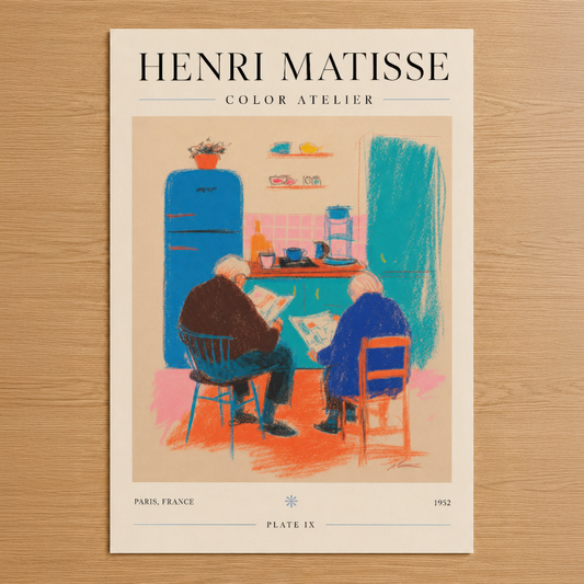 Matisse'in ikonik mutfak sahnesi, canlı mavi buzdolabı ve sıcak turuncu tonlarıyla renkli bir aile anısı.