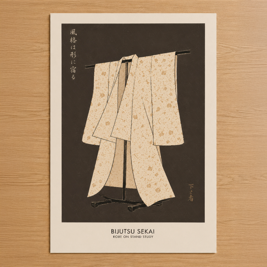 Dijital ressam Sekai tarafından tasarlanan Bijutsu Sekai tablosu, ekru tonlu kimono desenli kompozisyon ve minimalist Japon