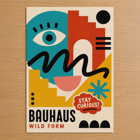 Bauhaus Wild Form posteri, canlı renkler ve soyut geometrik tasarımla modern iç mekanları aydınlatan sanat eseri.