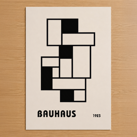 1923 Bauhaus tasarımı, siyah ve beyaz geometrik şekillerin uyumlu bileşimi ile modernist estetik sunan poster.