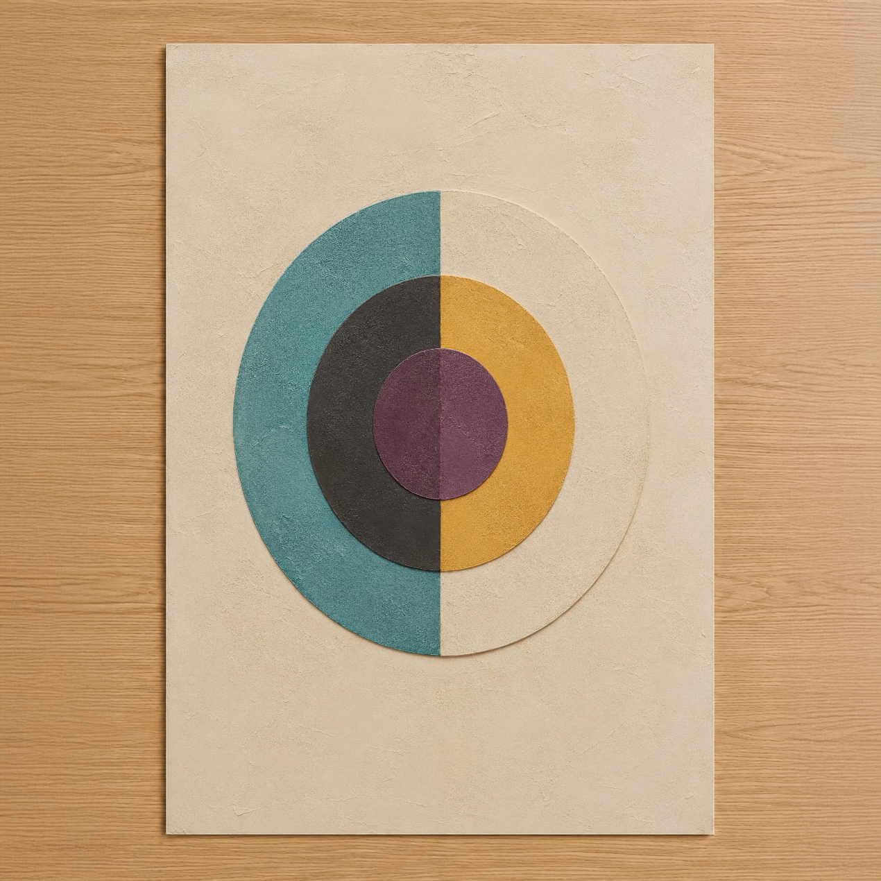 Retro geometrik tasarımlı soyut duvar tablosu, iç içe daireler ve canlı mavi, sarı, mor tonlarıyla minimalist dekorasyon.