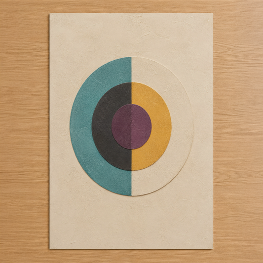 Retro geometrik tasarımlı soyut duvar tablosu, iç içe daireler ve canlı mavi, sarı, mor tonlarıyla minimalist dekorasyon.