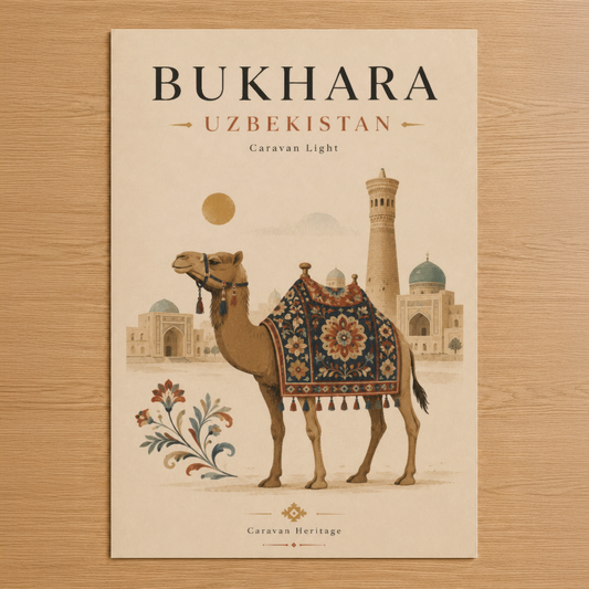 Bukhara Özbekistan temalı sanat tablosu, deve ve geleneksel mimari motiflerle boho tarzda tasarlanmış poster.