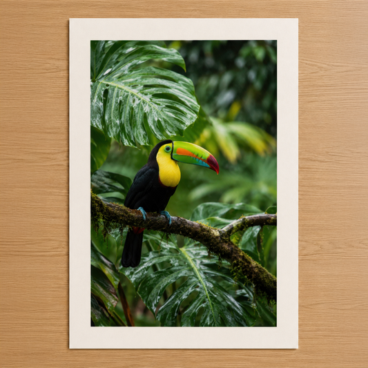 Sarı göğüslü toucan kuşu, tropikal yapraklarının arasında bir dal üzerinde oturuyor, canlı renklerle dolu doğa posterı.