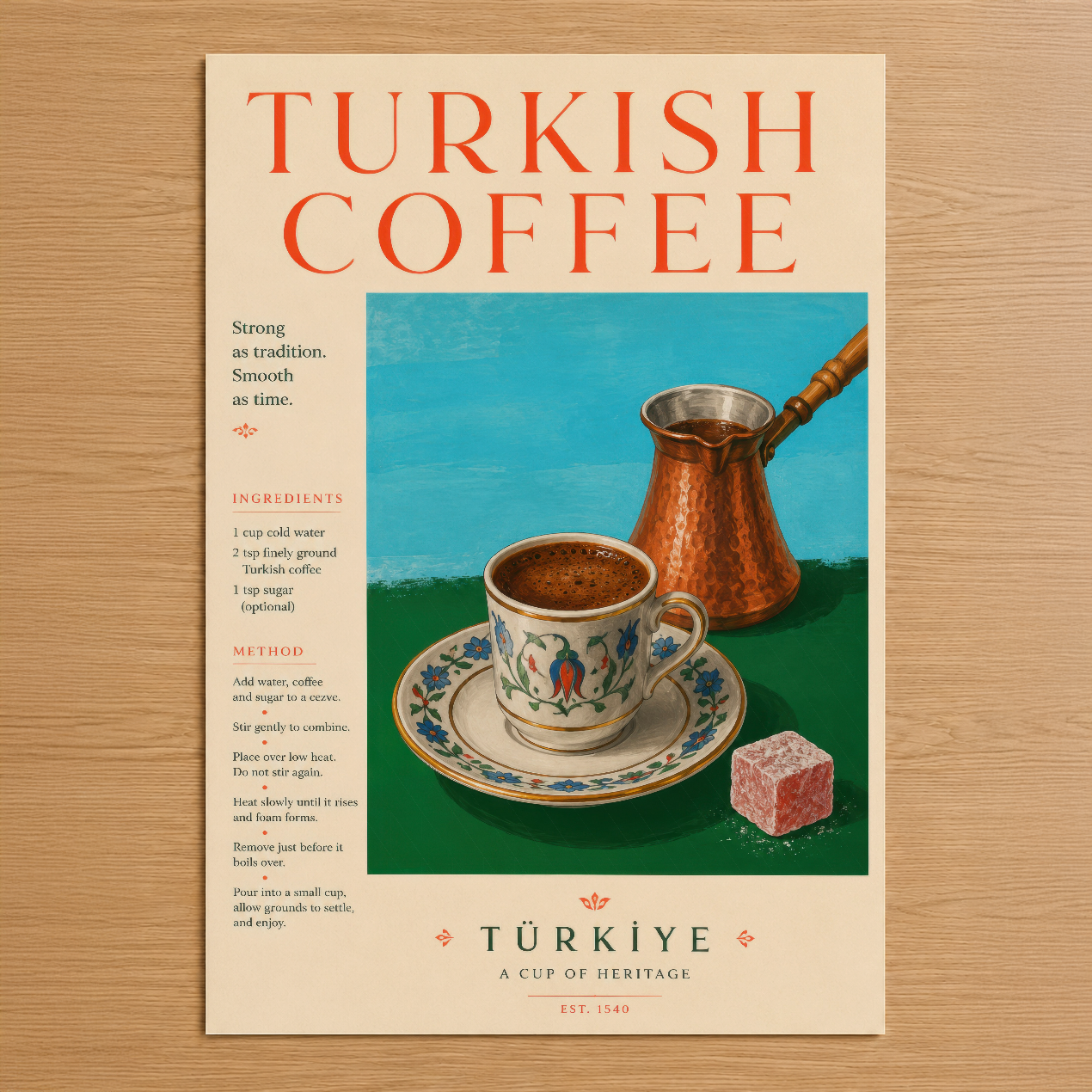 Türk kahvesi geleneğini kutlayan retro tarzda poster, malzemeler ve hazırlama yöntemi ile birlikte otantik fincan görseli.