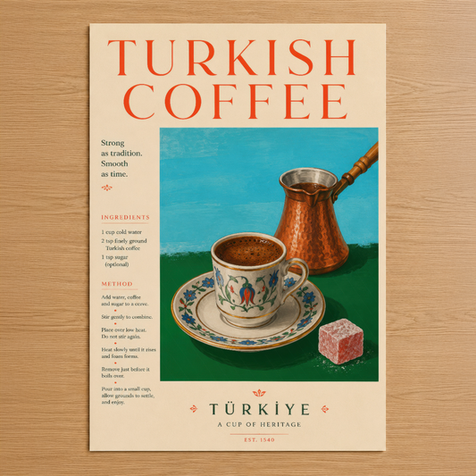 Türk kahvesi geleneğini kutlayan retro tarzda poster, malzemeler ve hazırlama yöntemi ile birlikte otantik fincan görseli.