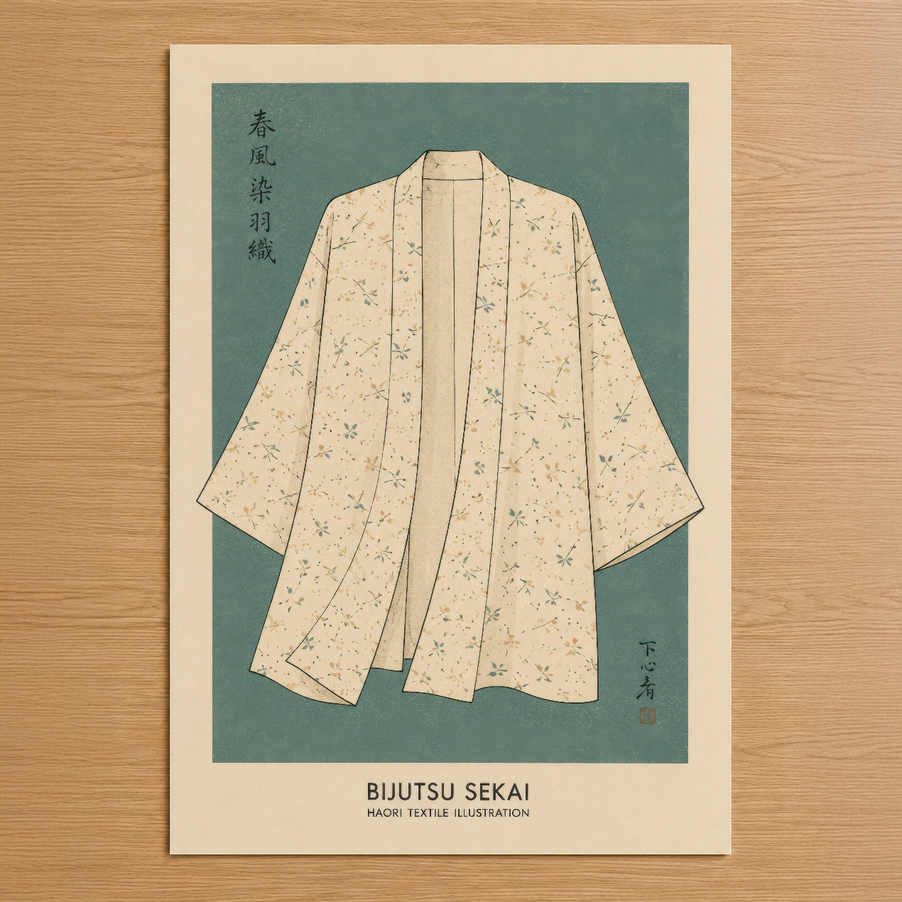 Haori tekstil tasarımı, krem rengi çiçek motifli, teal arka plan, Japon sanat tarzında duvar tablosu.