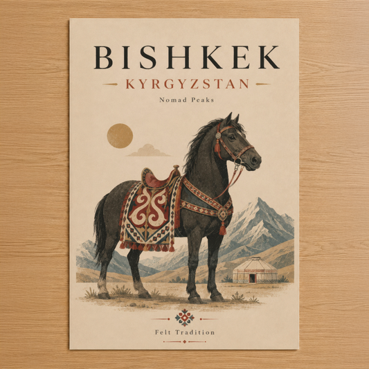 Bishkek Kyrgyzstan temalı vintage stil poster, geleneksel kıyafetli at ve dağ manzarasıyla.