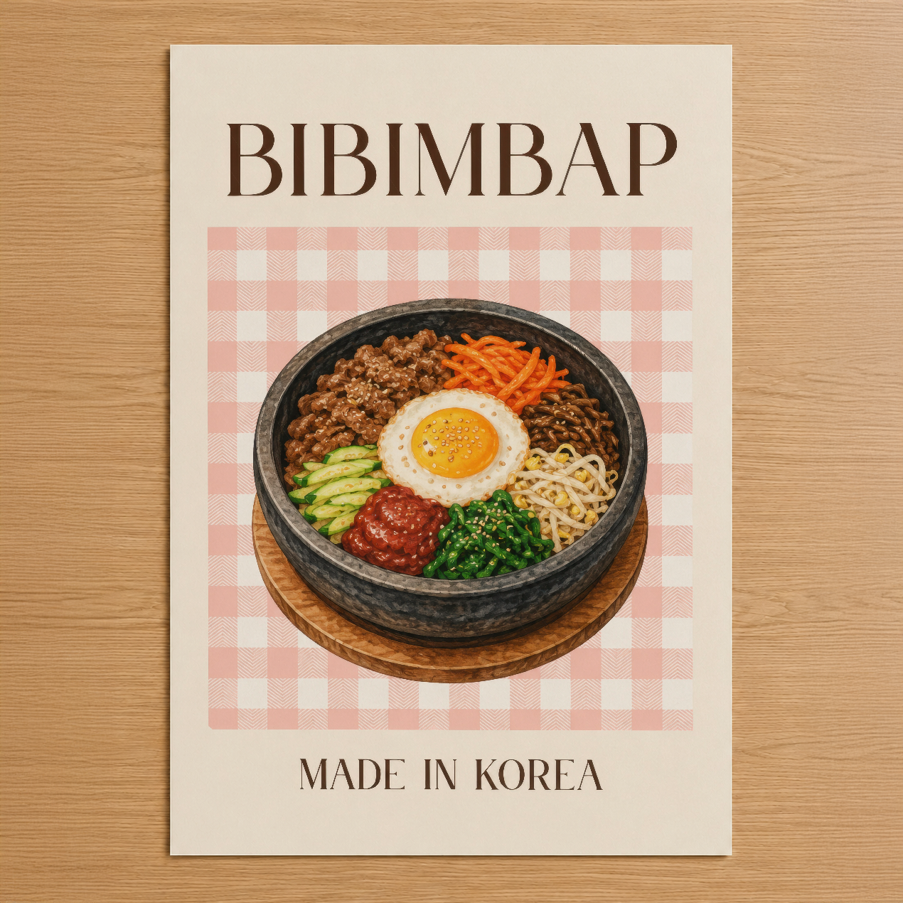 Bibimbap tablosu, pembe kareli zemin üzerinde Kore yemeğinin sembolik görüntüsü, şık minimalist tasarım.