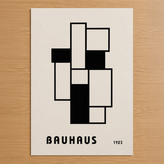 Bauhaus 1923 tasarımı, siyah ve beyaz geometrik şekillerin minimalist композisi, çağdaş duvar sanatı.
