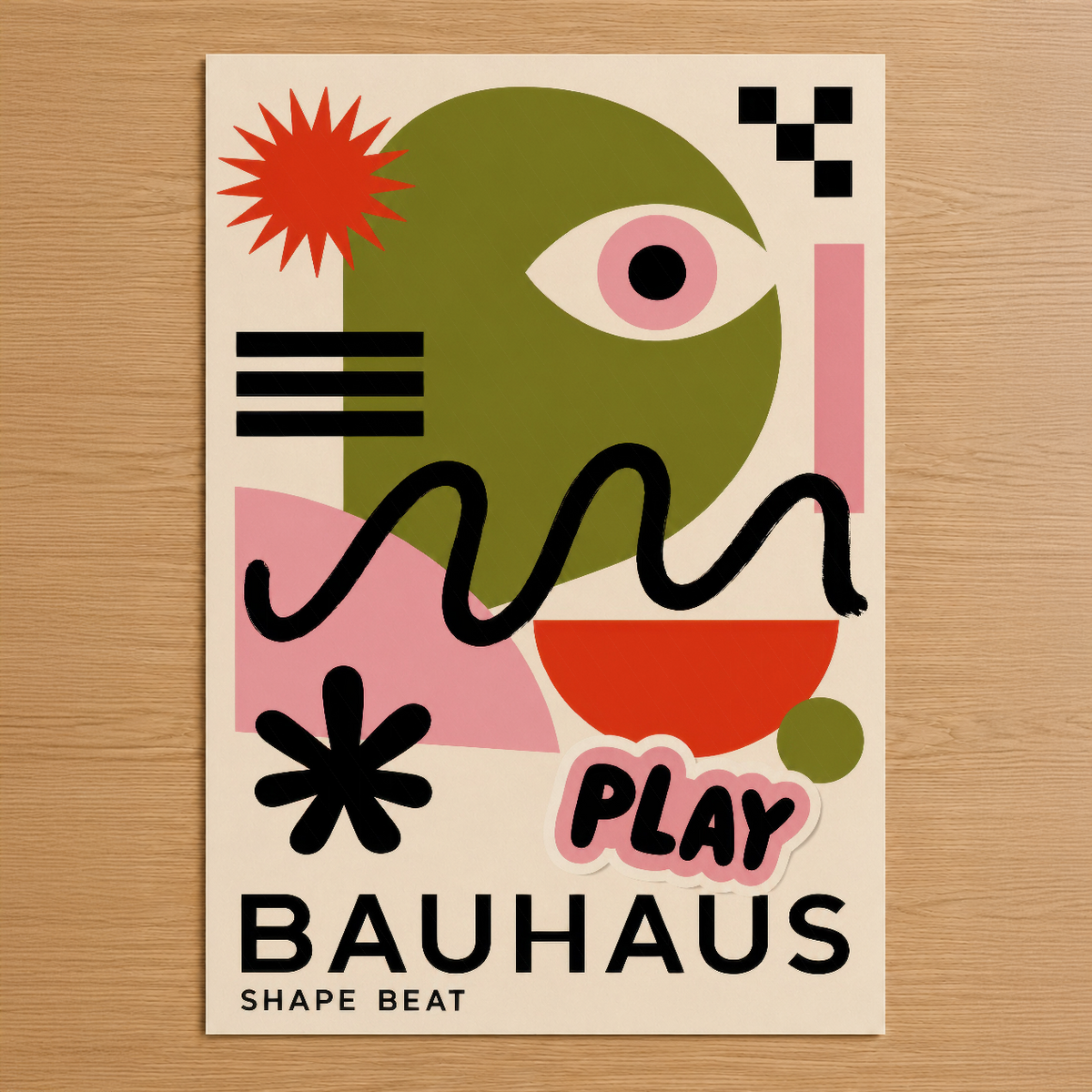 Bauhaus tarzı soyut tasarım, canlı renkler ve geometrik şekillerle oynayan Play Shape Beat posteri.