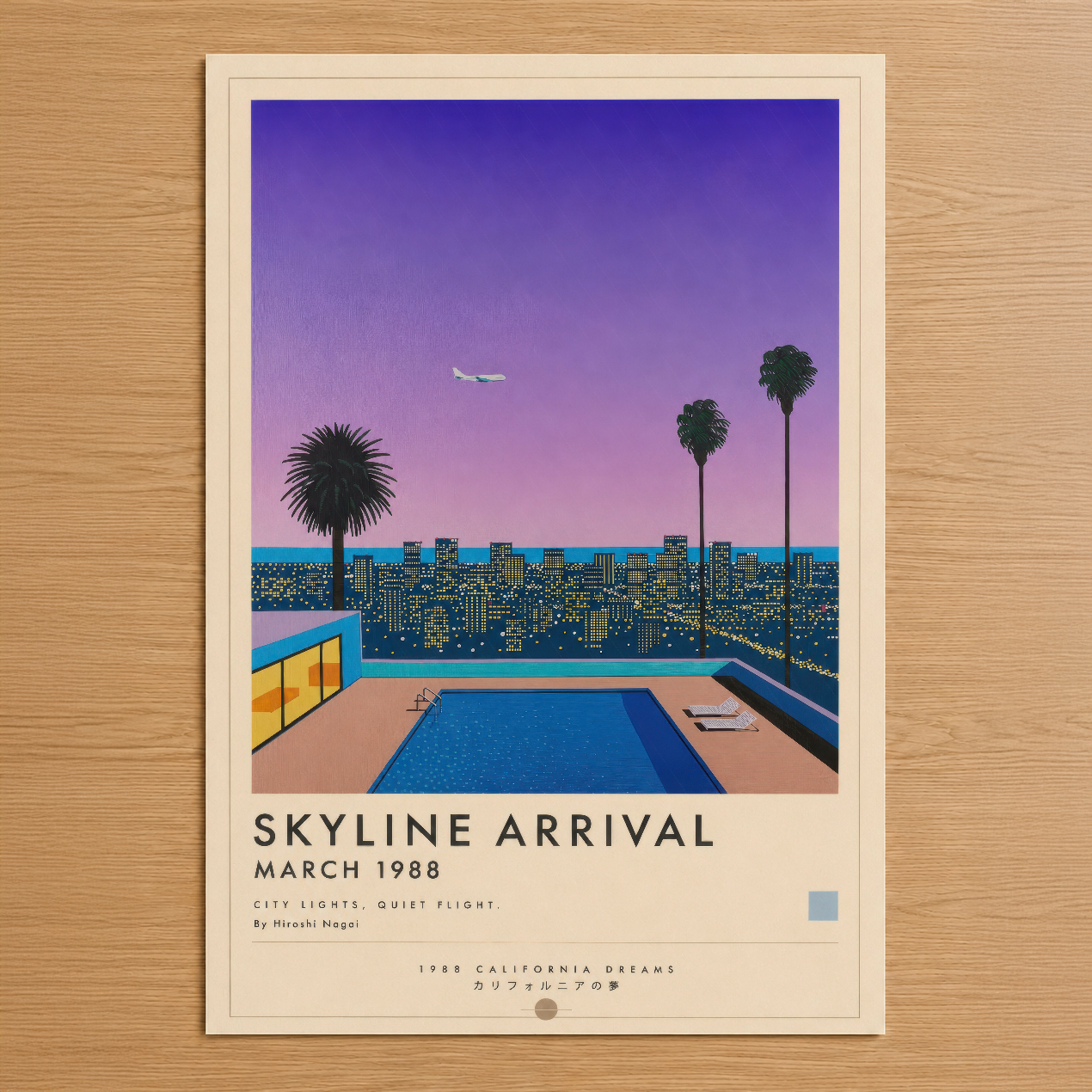 Retro tarzda Los Angeles gece manzarası, pembe-mavi gökyüzü ve palmiye ağaçlarıyla süslü şehir ufku afişi.