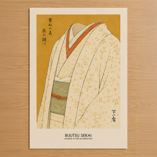 Japon üslubunda, altın zemine karşı katmanlı kimono tasarımı ve zarif kumaş dokularıyla ilgili sanat baskısı.