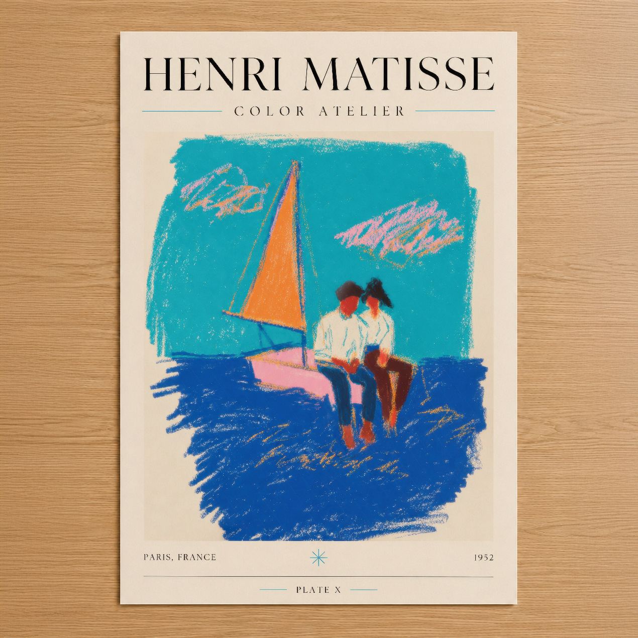 Matisse'in ikonik deniz sahnesi: turkuaz gökyüzü altında turuncu yelkenli tekne ve sahilde oturan iki figür.