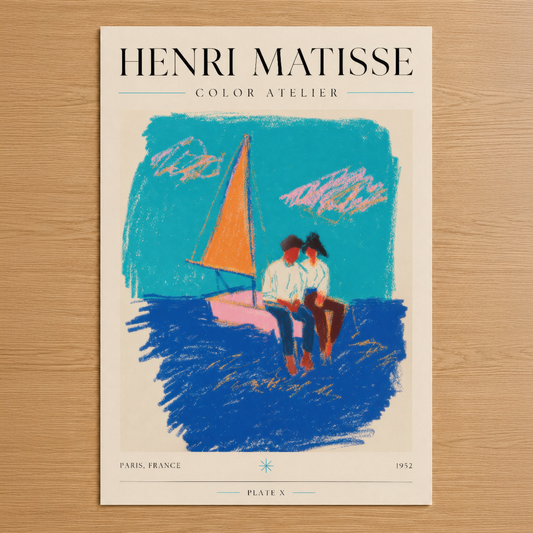 Matisse'in ikonik deniz sahnesi: turkuaz gökyüzü altında turuncu yelkenli tekne ve sahilde oturan iki figür.