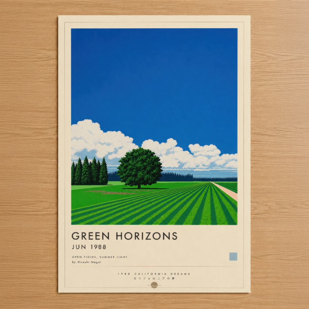 Açık mavi gökyüzü, beyaz bulutlar ve yeşil tarla sıralarıyla retro stilinde tasarlanmış Green Horizons sanat tablosu.