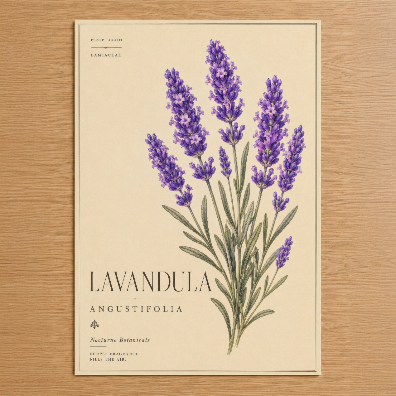 Botanik tarzında lavanda çiçeği ilustrasyonu, vintage bilimsel poster tasarımı, krem zemin üzerinde mor çiçek buketleri.