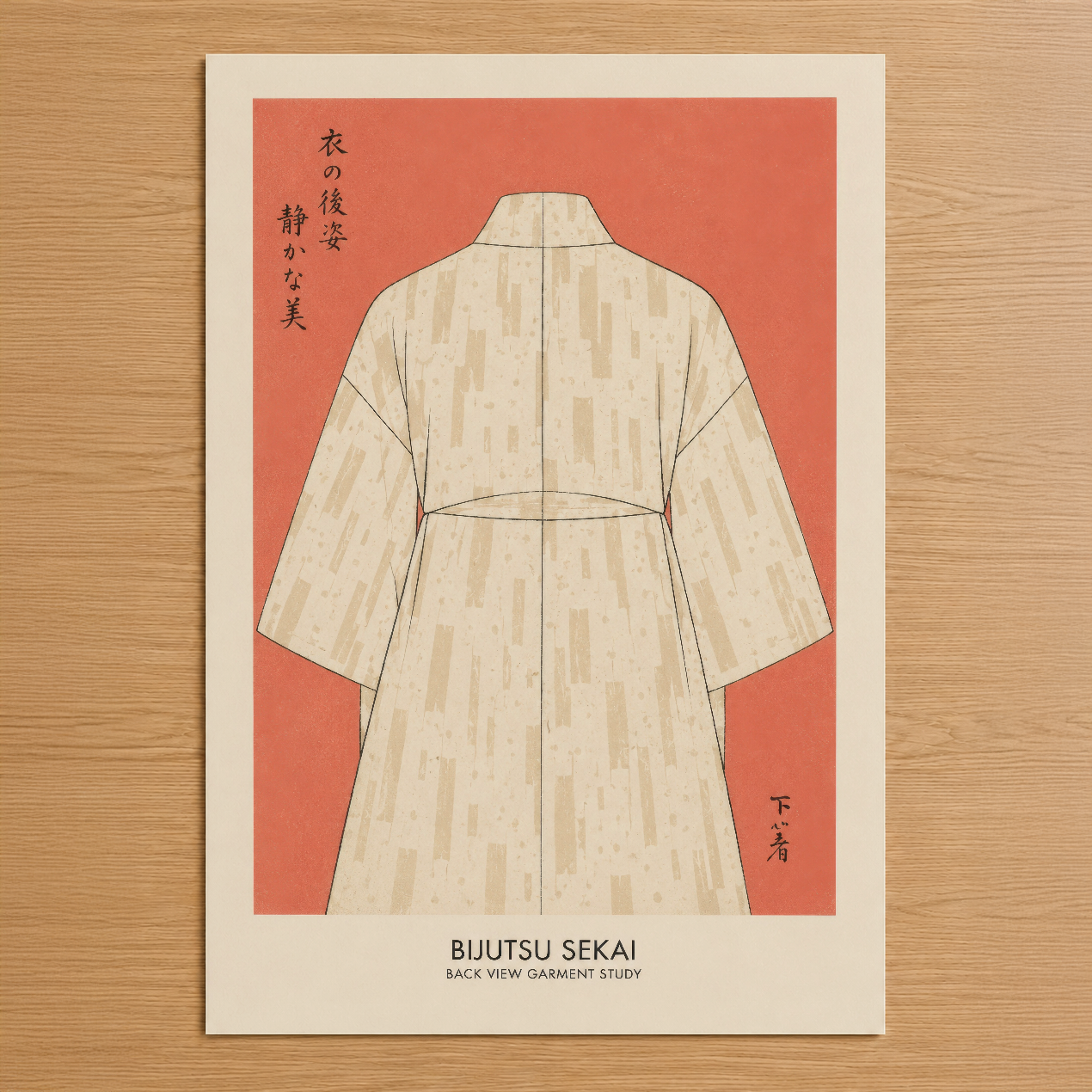 Japonya'dan ilham alan bijutsu sekai tasarımı, krem renginde kimono arka görünüşü ve mercan kırmızı fonda sanatsal poster.