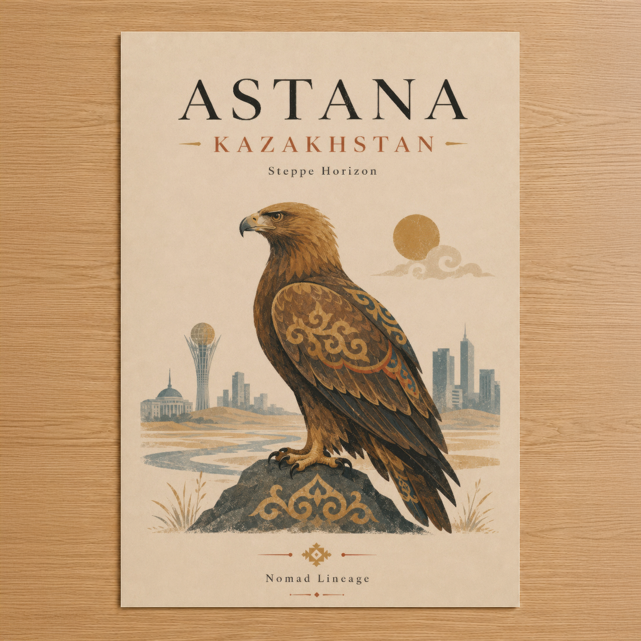 Astana'yı simgeleyen başkent manzarası ve altın işlemeli kartal ile vintage sanat tarzında tasarlanmış poster.