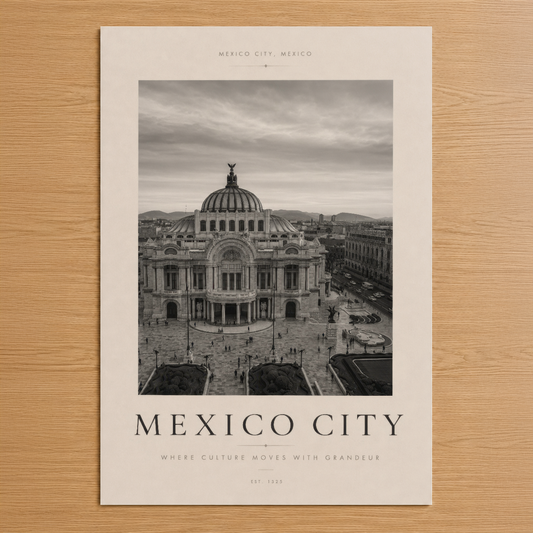 Siyah beyaz sınır tasarımıyla Mexico City'nin ikonik kubbeli mimarisi poster baskısı.