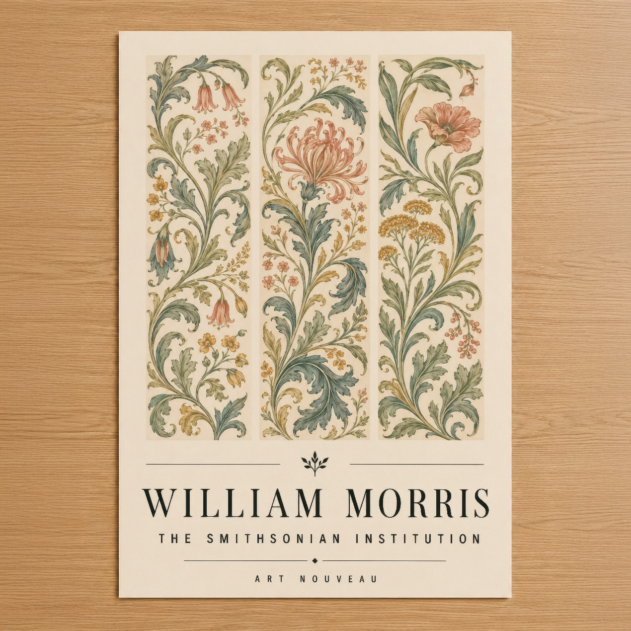 Art Nouveau tarzında üç dikey panel halinde zarif çiçek ve bitki motifleri içeren William Morris posteri.
