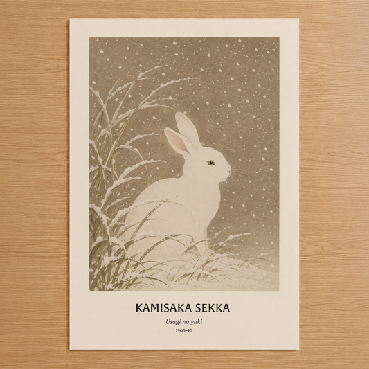 Kamisaka Sekka'nın 1909-10 tarihli Usagi no yuki başyapıtı, kar yağışı altında beyaz tavşanı serene doğa stilistik