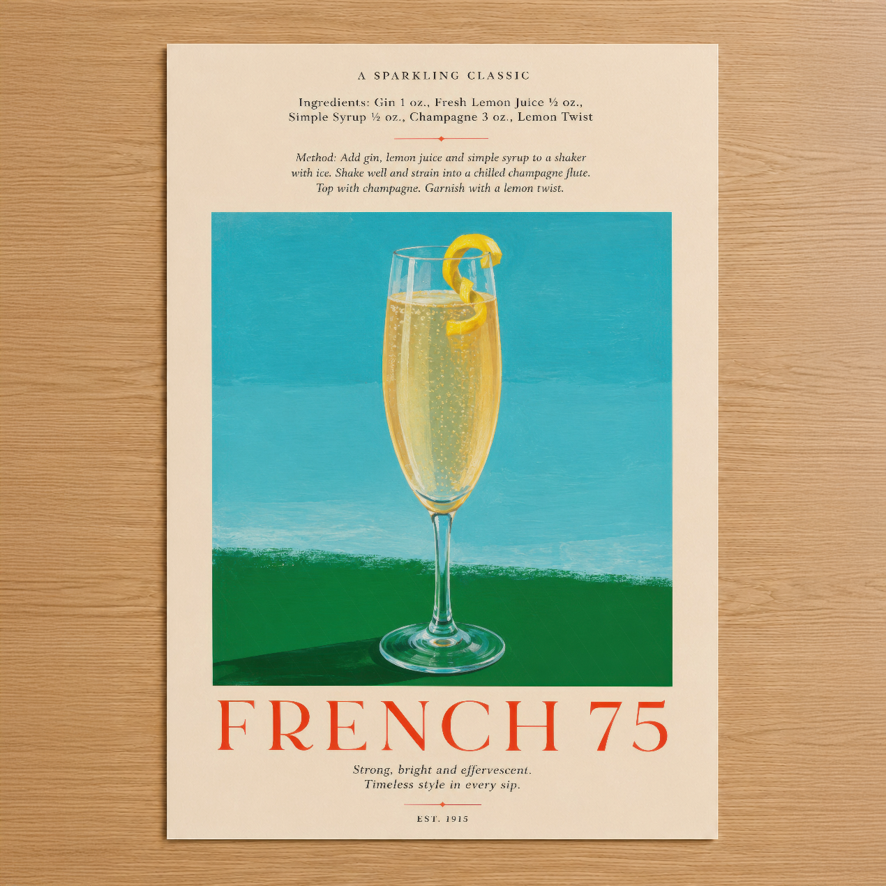 Vintage tarzı French 75 koktail posteri, turkuaz ve yeşil arka planda şampanya bardağıyla klasik mekan dekorasyonu.