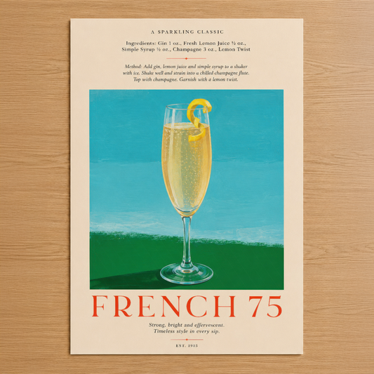 Vintage tarzı French 75 koktail posteri, turkuaz ve yeşil arka planda şampanya bardağıyla klasik mekan dekorasyonu.