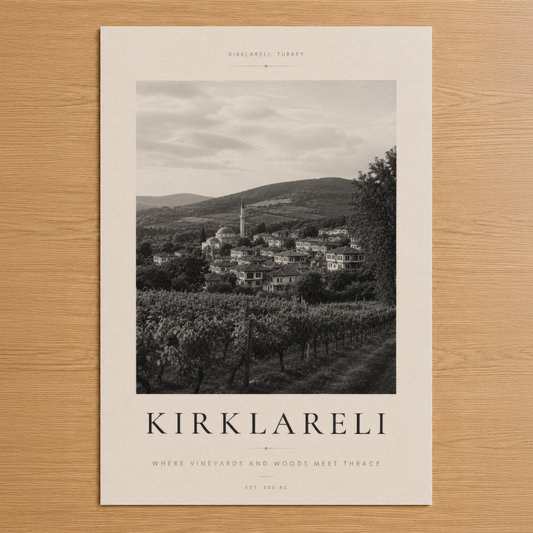 Kırklareli'nin tarihi köyünün siyah beyaz posterli tasarımı, bağ ve orman manzarası ile nostaljik bir ambiyans yaratıyor.
